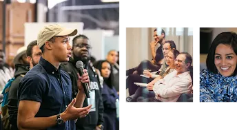 A man wearing a cap speaking on the mic, others listening to him while looking at him; 3 men and a woman laughing while looking at something; A woman with short hair smiling while sitting on couch