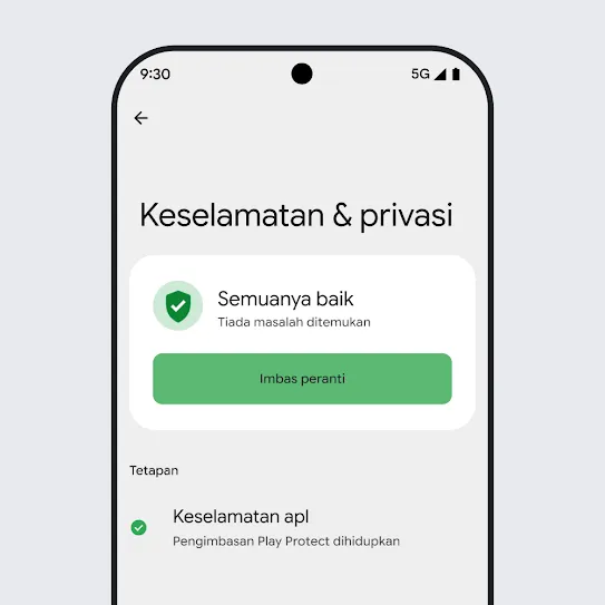 Visual skrin telefon pintar yang menjalankan Android OS dengan tetapan Keselamatan & Privasi dibuka, memaparkan hasil imbasan peranti dan tetapan keselamatan apl.
