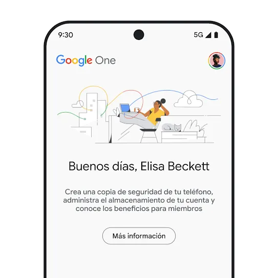 Imagen de la pantalla de un smartphone con Google One abierto. En ella, se muestran un mensaje de bienvenida personalizado y un mensaje informativo sobre el almacenamiento de la cuenta, incluidas las copias de seguridad del teléfono y los beneficios de la membresía, con un vínculo para obtener más información.