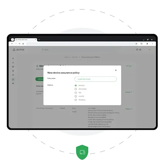 A device is showing a pop up on a webpage with an example of an employee sign-on interface. Behind the device is a grey solid circle and a dashed circle right outside it. One green shield icon with two white devices in the middle is below the device.