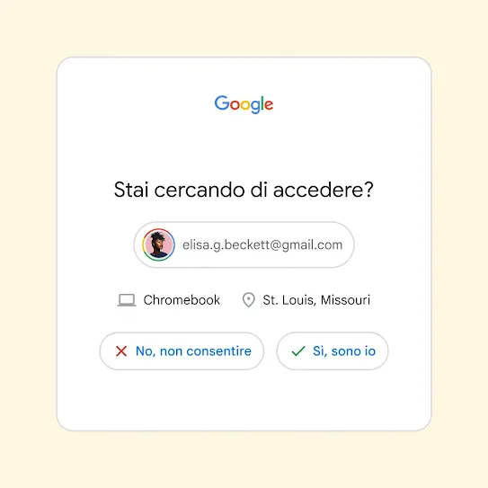 Interfaccia della verifica in due passaggi che chiede "Stai tentando di accedere?" con i pulsanti "No, non consentire" e "Sì, sono io".