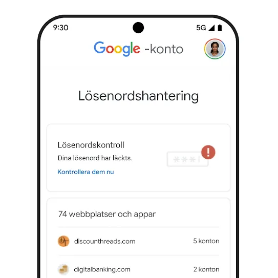Bild på en telefon med användargränssnittet för lösenordskontroll.