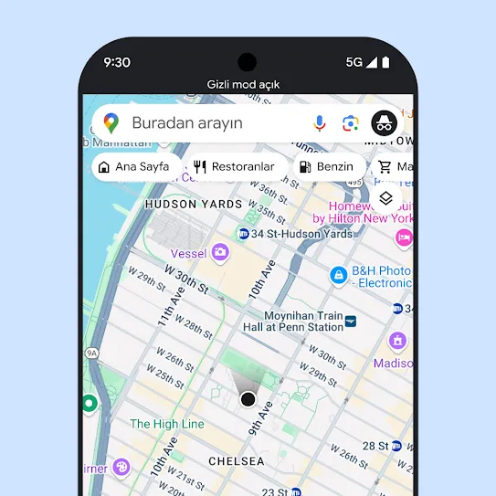 Google Haritalar'ın açık olduğu akıllı telefon görseli. Ekranda, Gizli mod'un açık olduğunu gösteren bir metin yer alıyor.