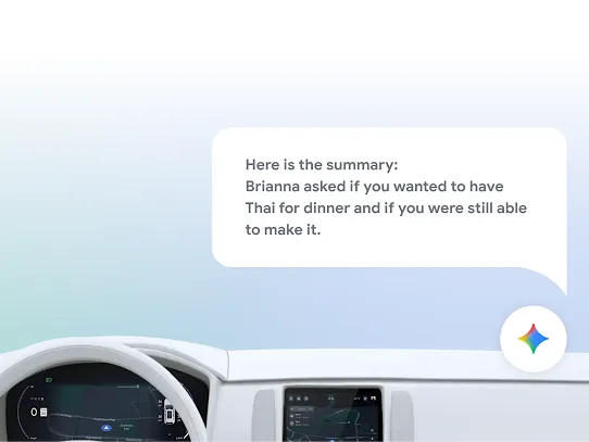 A white car dashboard with a Gemini star on the lower right corner. A chat bubble is right above it with a text summary.