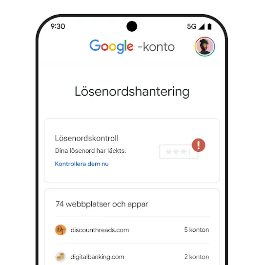 Bild på en smartphoneskärm som visar en lösenordskontroll under rubriken Lösenordshantering.
