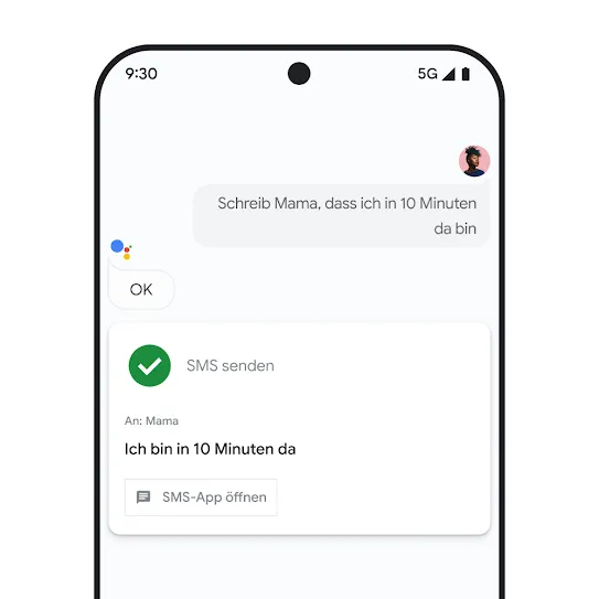 Bild eines Smartphone-Displays mit geöffnetem Google Assistant und einer Aufforderung, eine Nachricht an ein Familienmitglied zu senden