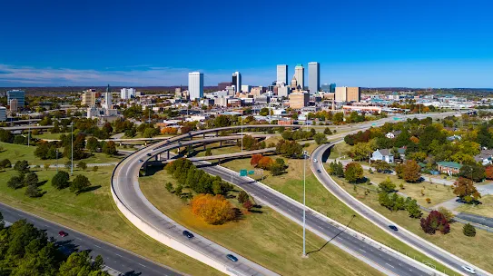 Aerial view of downtown Tulsa with freeways