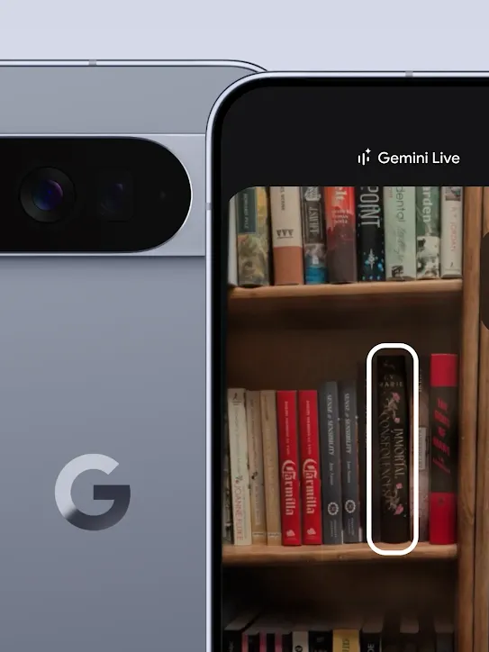 Front and back view of a Moonstone Google Pixel 10 phone. The screen shows an image of an espresso machine to use as an example of how Gemini Live's newest feature works highlighting information you need on your phone screen.