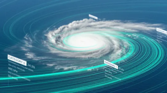 A stylized, digital illustration of a hurricane as seen from above. White, wispy clouds form a swirling vortex with a clear eye at the center. Thin, glowing teal lines trace the path of the winds, creating a sense of motion and data visualization.