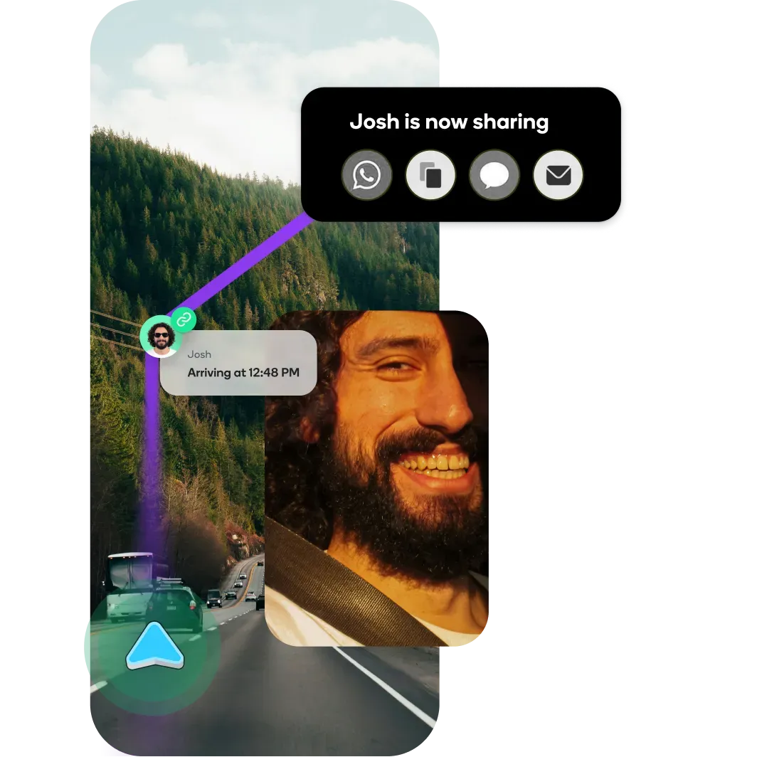 Waze Drive Together group navigation screen showing live ETA tracking and shared drive progress