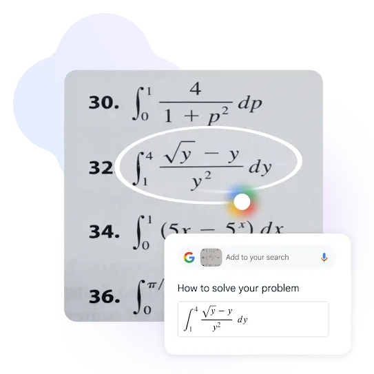 There is a list of 4 math problems. The second math problem is circled and the image overlaid on the bottom right shows the Google Circle to Search feature in action and reads “How to solve your problem,” over an equation.