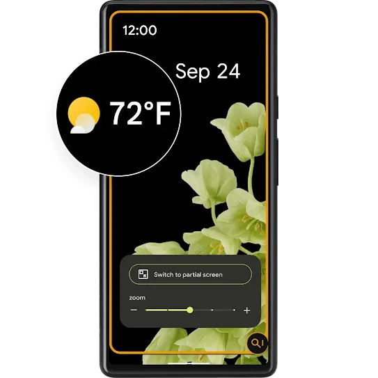 Android phone lock screen with a zoomed in view of the weather in a circle. 72 degrees Fahrenheit with a partial sunny icon.