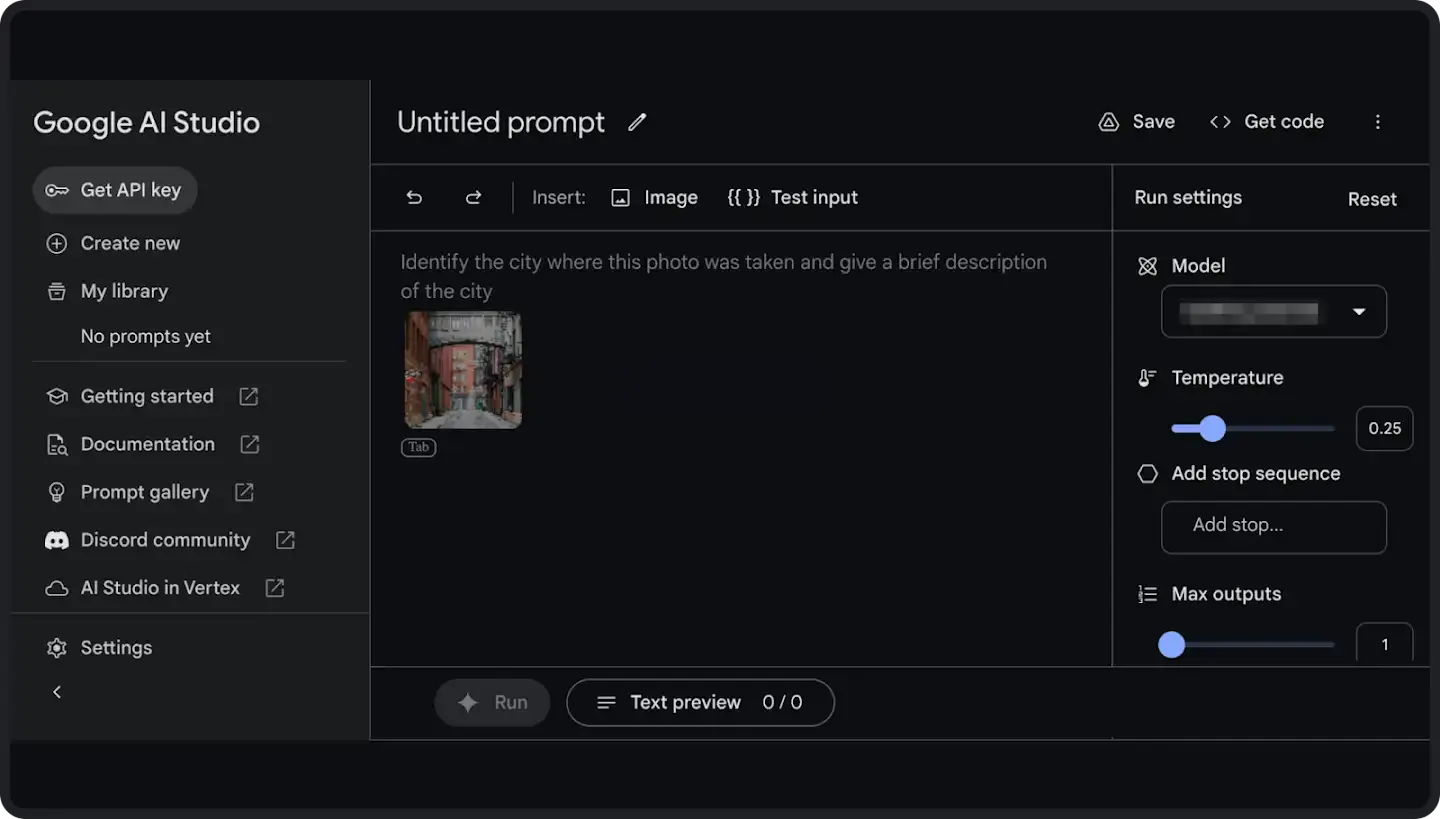 A screenshot of the Google AI Studio interface in dark mode. On the left, a sidebar contains navigation options such as "Get API key," "Create new," "My library," and links to documentation and the Discord community. The main workspace, titled "Untitled prompt," displays a text box with the prompt: "Identify the city where this photo was taken and give a brief description of the city." Below the text is a small uploaded image of a narrow city street with a skybridge. On the right, a "Run settings" panel includes adjustable sliders for "Temperature" (set to 0.25) and "Max outputs" (set to 1), along with a dropdown menu for selecting the "Model." At the bottom, a "Run" button with a sparkle icon sits next to a "Text preview" indicator.
