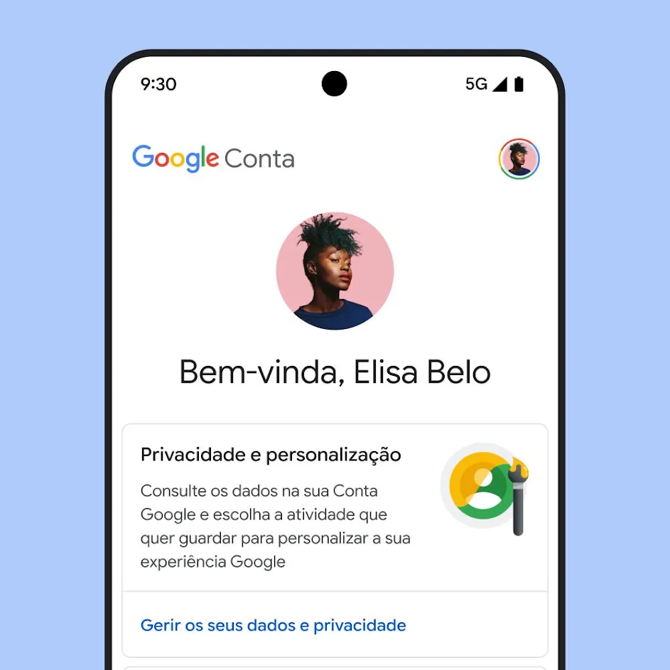 Imagem da IU da página A minha conta da Google, incluindo mensagens sobre privacidade e personalização, e um link para gerir os seus dados e privacidade.