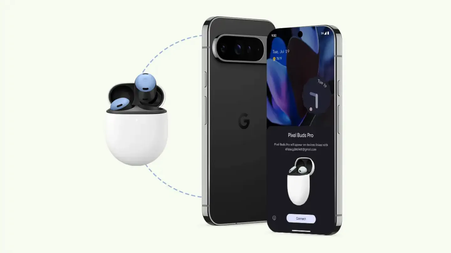 Image d'un téléphone Pixel et d'écouteurs représentant la connectivité entre les deux appareils.