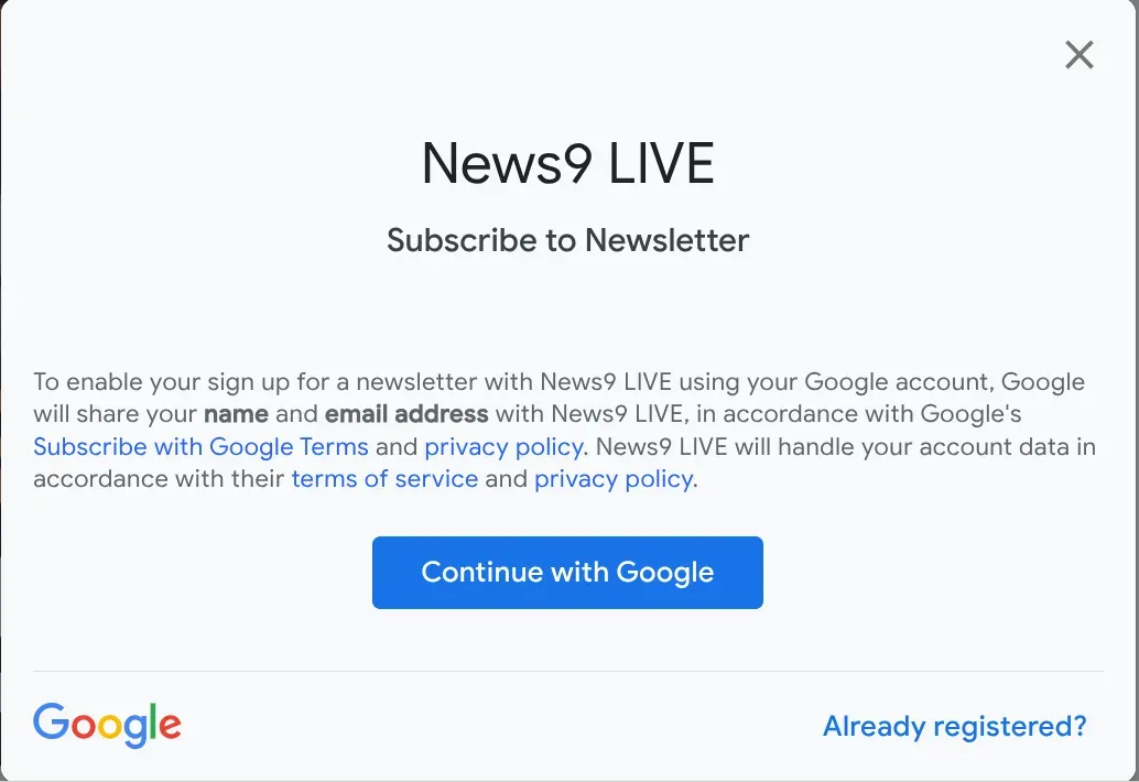 Screenshot of the RRMS Newsletter sign-up prompt on the News9 Live site