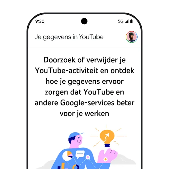 Visuele weergave van een smartphonescherm met YouTube geopend, waarop een informatief bericht over Je gegevens in YouTube wordt getoond met details over browsen en het verwijderen van activiteitsgeschiedenis.