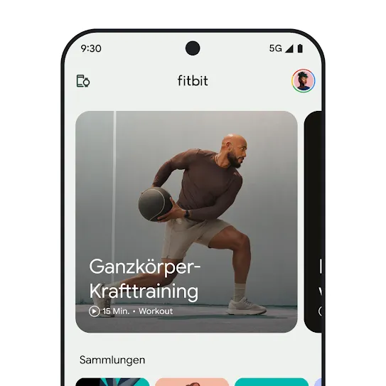 Bild eines Smartphone-Displays mit der geöffneten Fitbit App, in der ein Ganzkörper-Krafttraining angezeigt wird