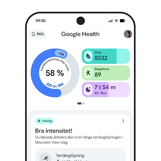Bild av en smartphone-skärm med Google Health-appen öppen som visar en sammanfattning av ett träningspass.