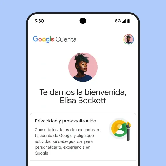 Imagen de la interfaz de usuario de una cuenta de Google, que incluye un mensaje sobre la privacidad y la personalización, y un enlace para gestionar tus datos y tu privacidad.