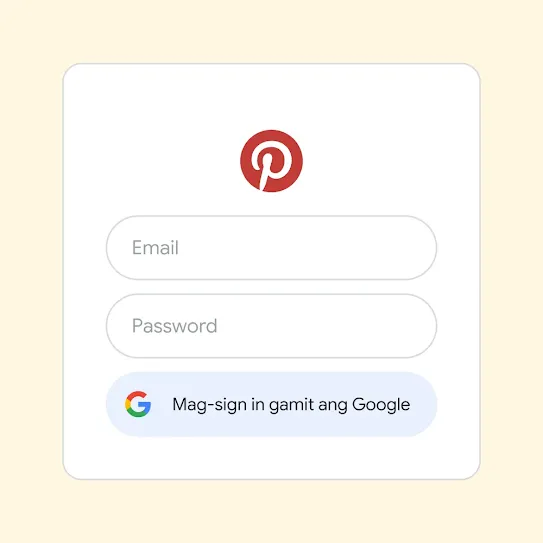 User interface para gamitin ang Mag-sign in gamit ang Google para mag-log in sa Pinterest.