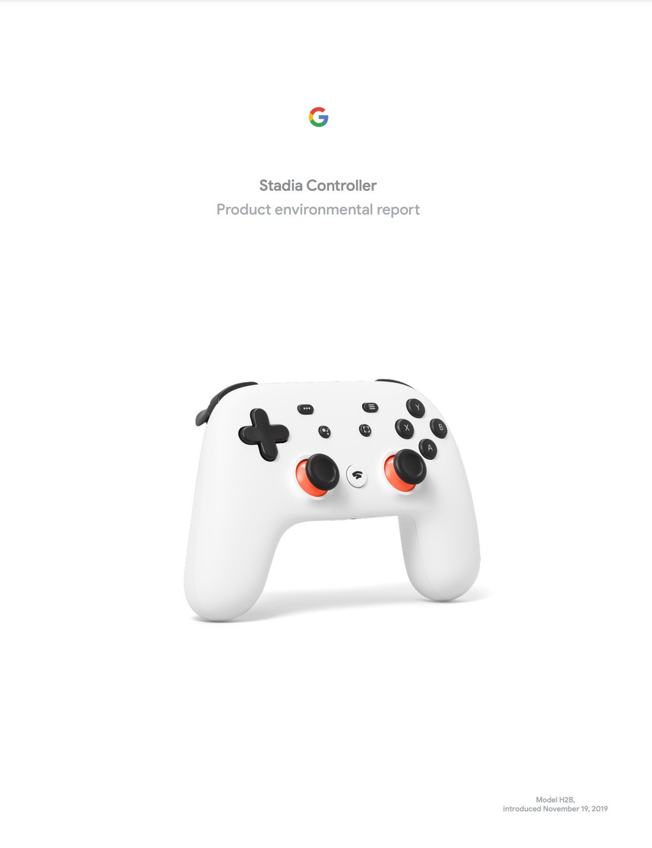 Cover image of the Stadia Controller Product Environmental Report