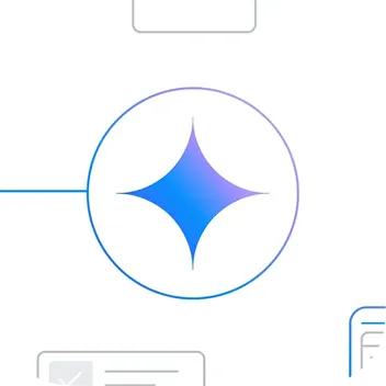A minimalist graphic featuring a four-pointed star with a blue and purple gradient, enclosed within a thin circular border. representing Google Gemini. Subtle UI elements like checkboxes and lines are visible in the background.