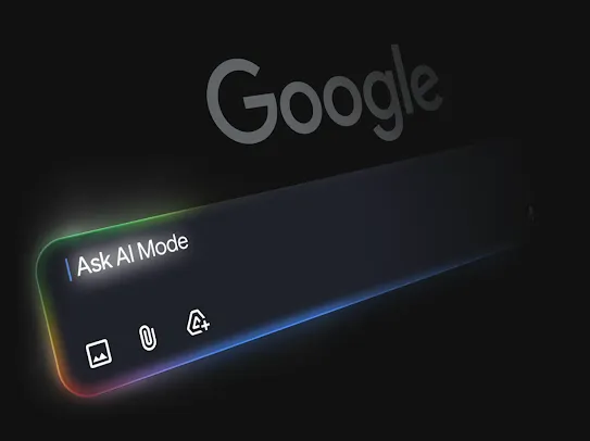 Dark Google search bar with "Ask AI Mode" and a glowing neon border.