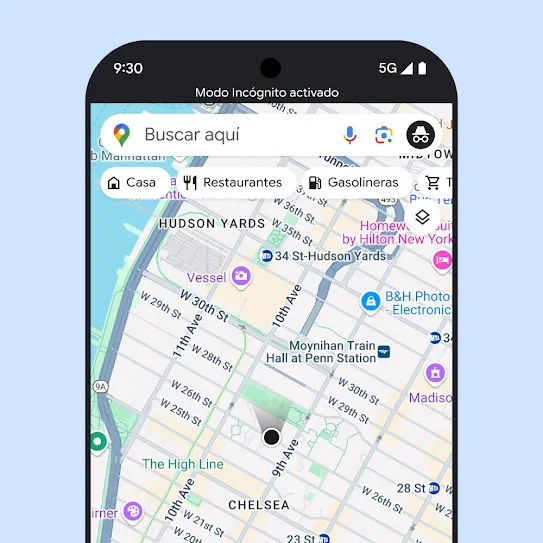 Imagen de un smartphone con Google Maps abierto y texto en pantalla que indica que el modo Incógnito está activado.