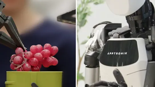 A triptych image of different robot types completing tasks of varying complexity, such as sorting, tidying and planning.