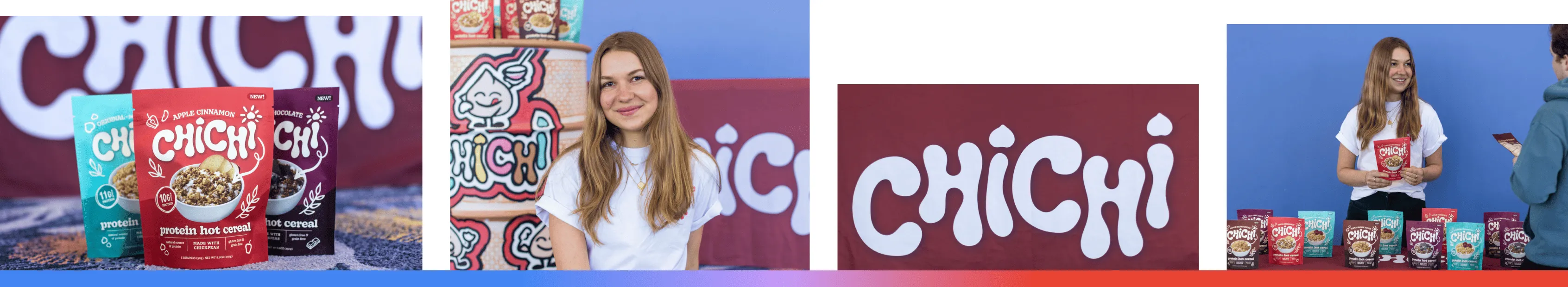 A composite of four images featuring Chichi Foods in St. Louis, Missouri, showing their chickpea-based protein hot cereal packaging, a professional portrait of founder Chiara Munzi, the brand's playful logo, and Chiara engaging with the community at a product tasting event to showcase her allergy-friendly breakfast options.