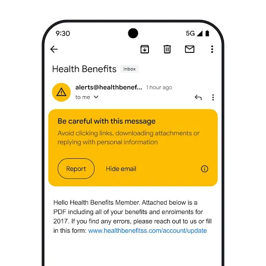 Visual of an email in Gmail on a smartphone screen, showing a security alert for a potential phishing attempt.
