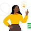 A colorful vector illustration of a woman in a yellow shirt pointing toward a glowing lightbulb, representing a creative idea or breakthrough.