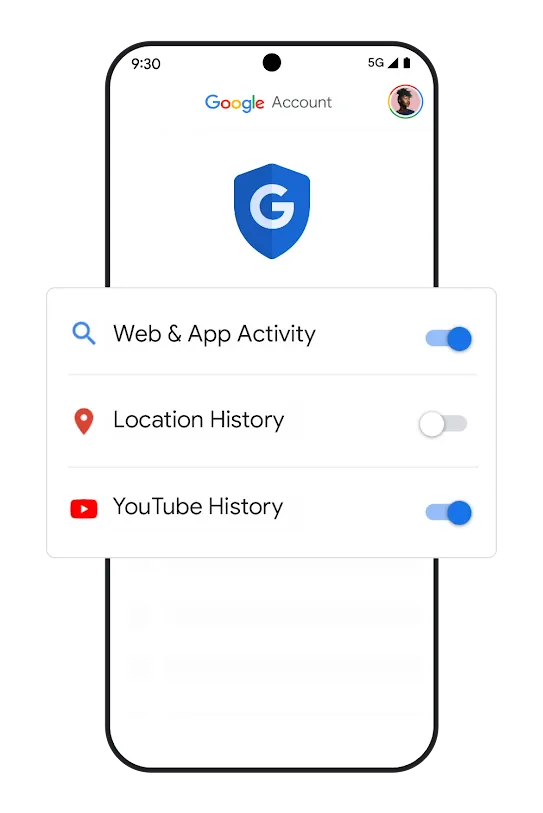 Phone graphic with history settings toggles.