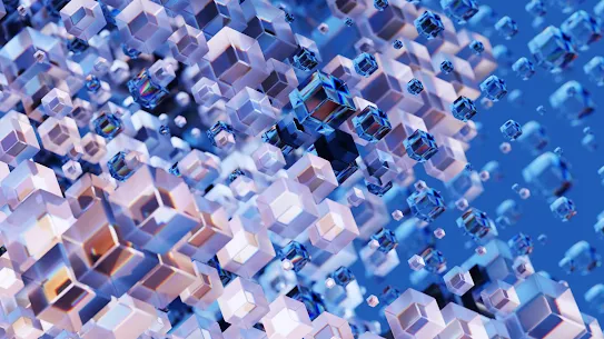 An abstract 3D render of floating, translucent blue and white crystal cubes with iridescent edges against a soft blue background, representing data or technology.