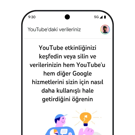YouTube'un açık olduğu akıllı telefon ekranı görseli. Ekranda, "YouTube'daki verileriniz" hakkında bilgilendirici bir mesaj gösteriliyor. Mesajda, etkinlik geçmişine göz atma ve bunu silme ile ilgili ayrıntılar yer alıyor.