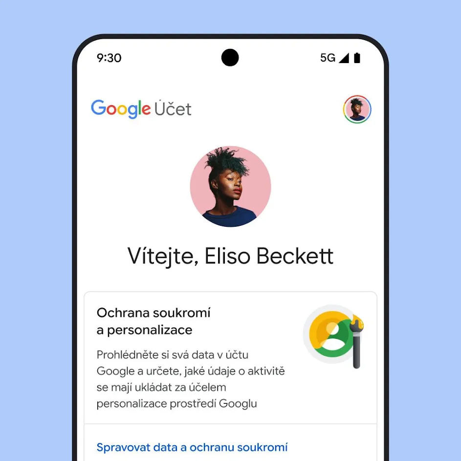 Obrázek uživatelského rozhraní služby Můj účet Google se sdělením o ochraně soukromí a personalizaci a odkazu na správu dat a ochrany soukromí.
