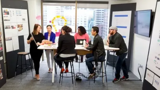 A diverse group of six professionals collaborating around a high-top table in a modern office. The room features whiteboards with project plans, sticky notes on a window, and a large monitor, creating a creative workspace for an AI apprenticeship program.