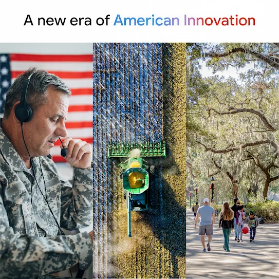 Collage of three images showing, from left, a man wearing army fatigues and headphones writing notes in front of a computer, next to an aerial view of a green combine harvesting crops in the middle, and groups of people walking on a sidewalk lined with trees on a sunny day on the right.