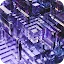 A close-up, high-tech visualization of translucent purple and blue glass structures resembling a futuristic motherboard or crystalline microchip architecture with glowing light accents.