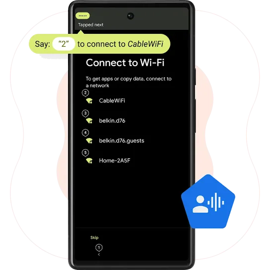 Android phone with a green speech bubble at the top reads "Say '2' to connect to CableWifi". Below shows a list of other wifi networks that is in the area.