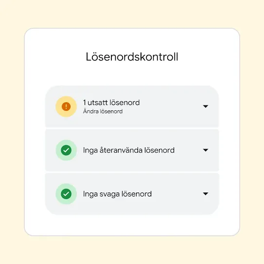 Gränssnitt för Lösenordskontroll som visar resultat, inklusive Ett utsatt lösenord och ett förslag om att ändra lösenordet.