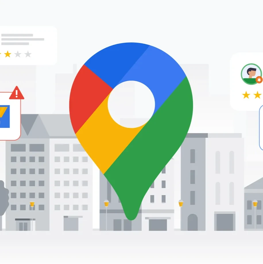 An illustration of the Google Maps location pin in front of various buildings and reviews.