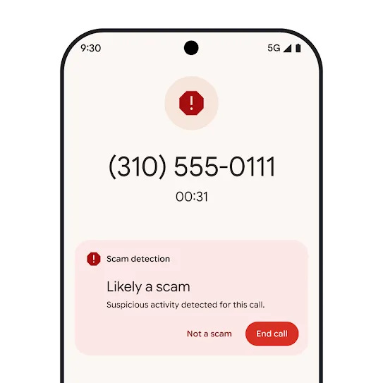 Visual of a Pixel smartphone home screen displaying a notification of an automatically declined spam call.