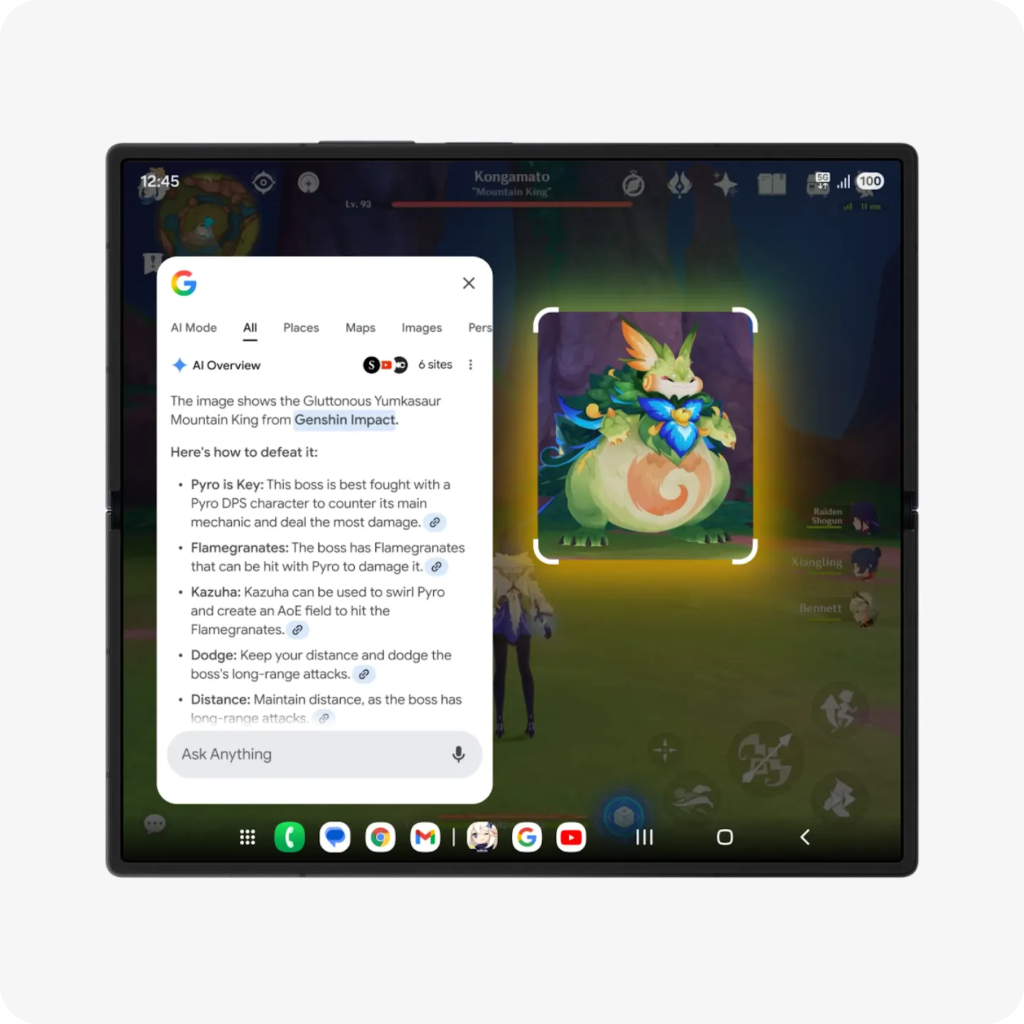 A scene from the Genshin Impact game is used as an example to show how the Circle to Search gaming help function works.