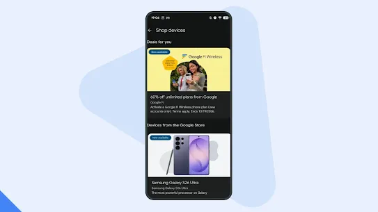 A phone screen shows a Play Store page featuring two promotional cards: one for Samsung devices and one for a Google Fi Wireless discount offer