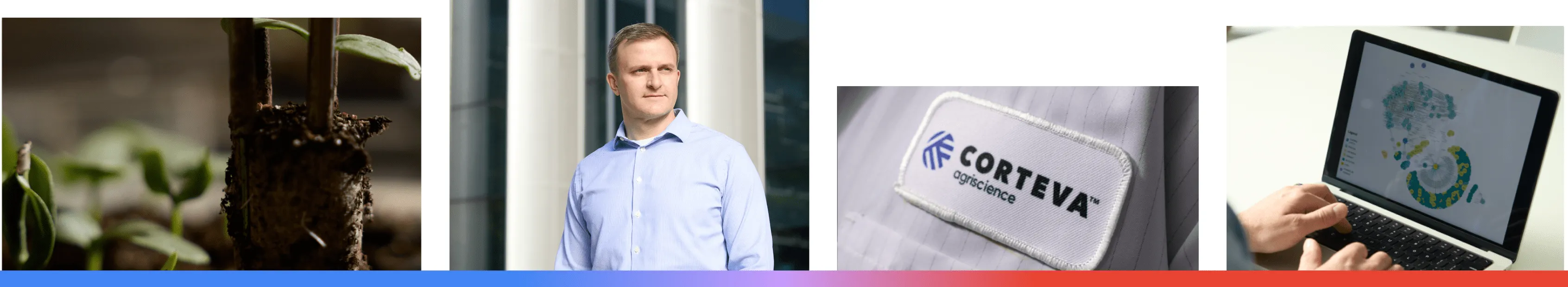 A composite of four images featuring Corteva Agriscience in Indiana, showing young crop seedlings, a portrait of a team member, the company’s branding on workwear, and the use of Google’s AI and data tools to analyze agricultural patterns and improve global food security.