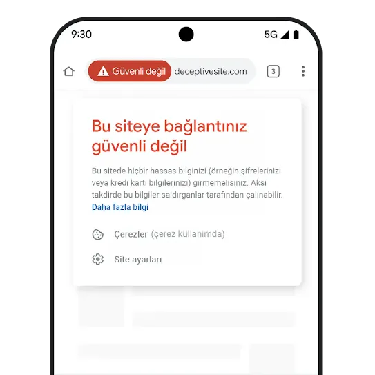 Bağlantının güvenli olmadığına dair bildirim gösteren bir telefon