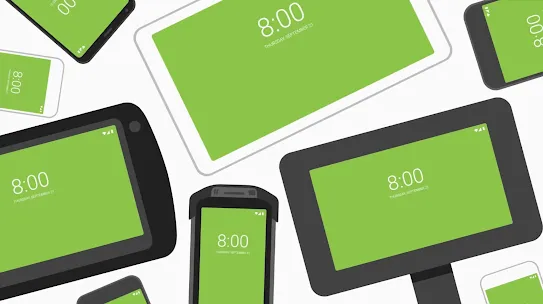 A collage of various mobile devices, including smartphones, tablets, and a rugged handheld scanner, all displaying a unified green lock screen with a digital clock.