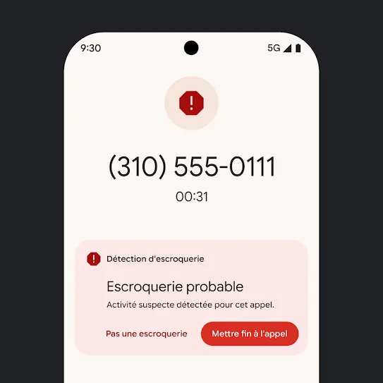 Image de l'écran d'accueil d'un téléphone intelligent Pixel affichant une notification d'appel indésirable automatiquement refusé.